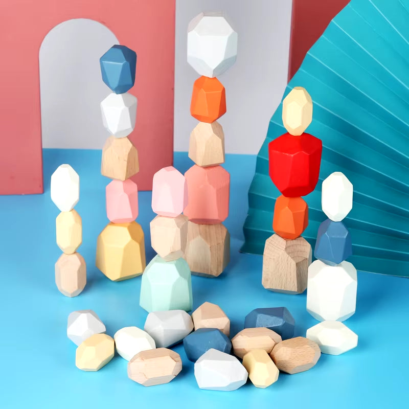 Wooden Sorting Stacking Rocks Stones Sensory Toddler Toys Learning Montessori Toys Building Blocks Game for Kids Birthday Gifts